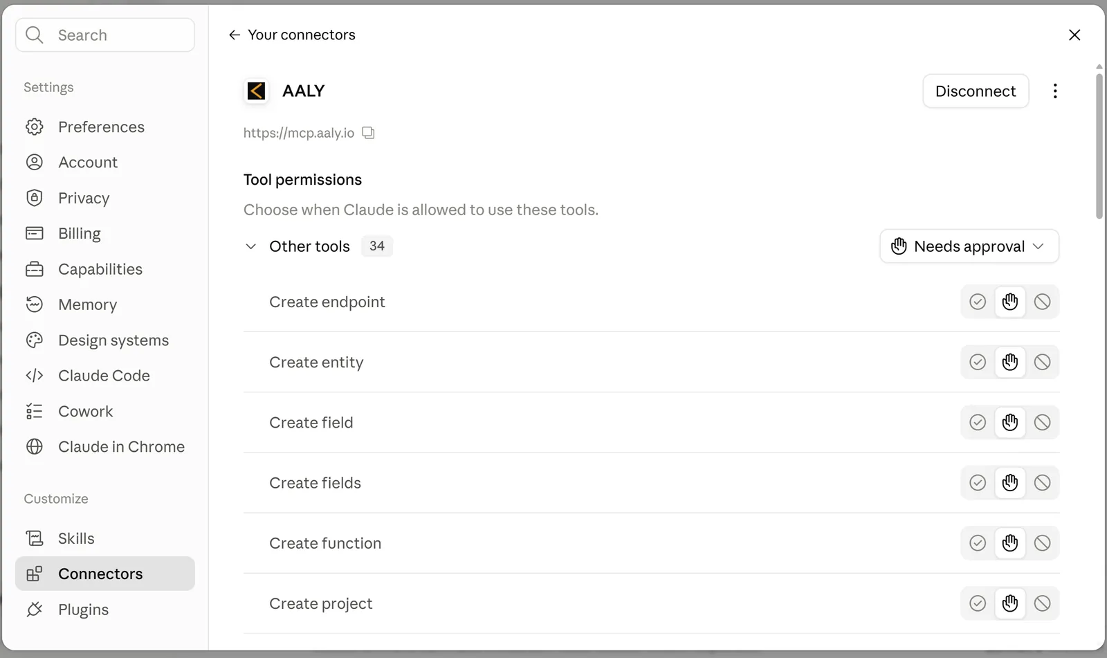 Claude's connector settings showing Aaly connected at mcp.aaly.io, with 34 tools listed including create entity, create field and create project.