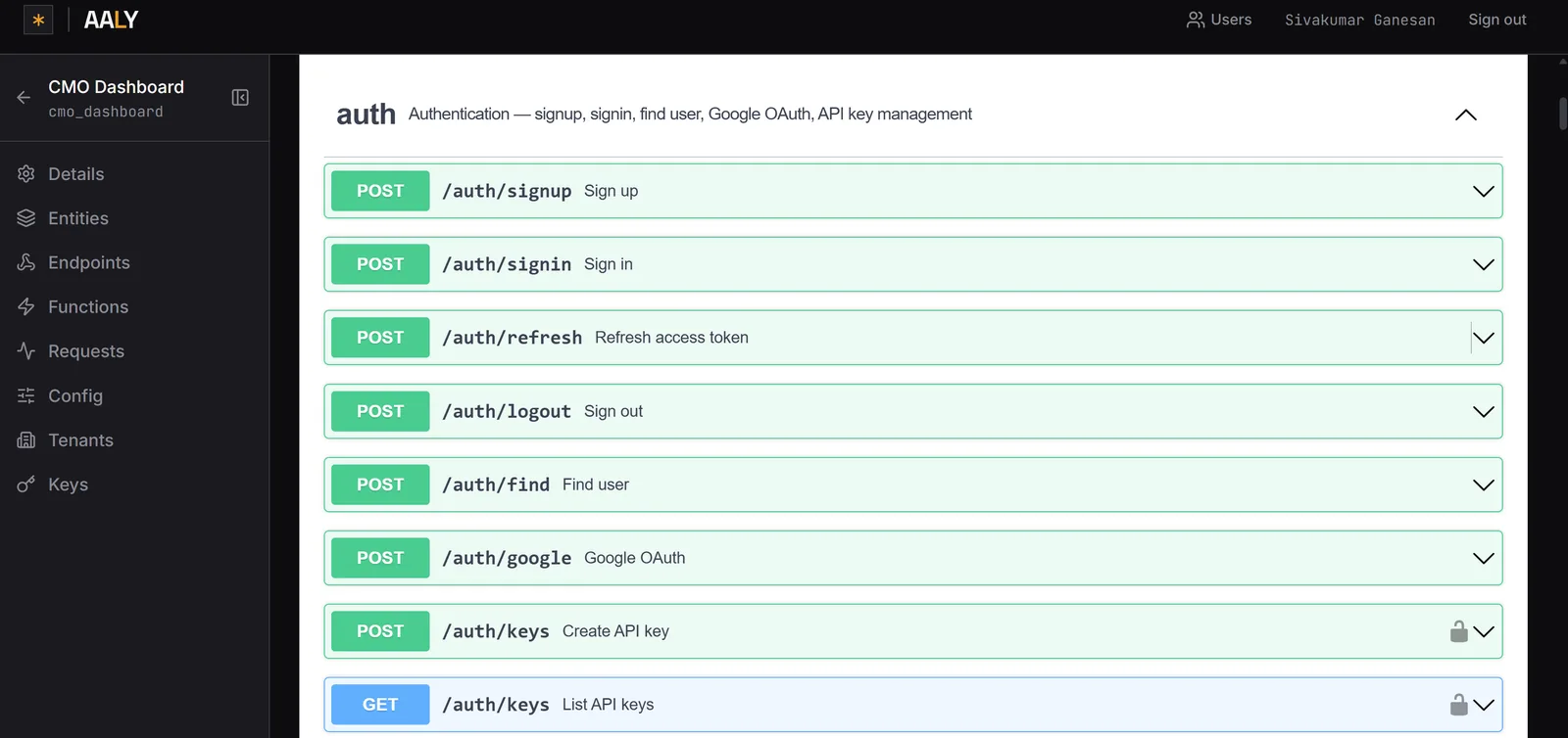 The generated OpenAPI spec rendered in Swagger, showing the auth endpoints: signup, signin, refresh, logout, find, Google OAuth and API key management.